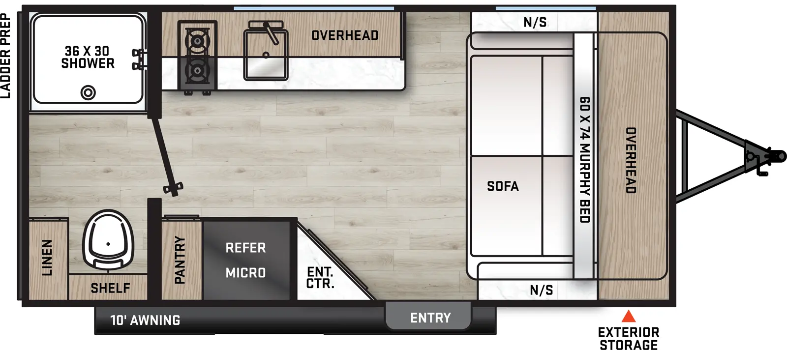 The 16RBX has no slideouts and one entry. Exterior features include a 10 foot awning and front pass-thru storage. Interior layout front to back: murphy bed/sofa with overhead cabinets and night stands on each side; off-door side kitchen counter with overhead head cabinets and microwave; door side entry, angled entertainment center, refrigerator and pantry; rear full bathroom with linen closet, shelf and shower.